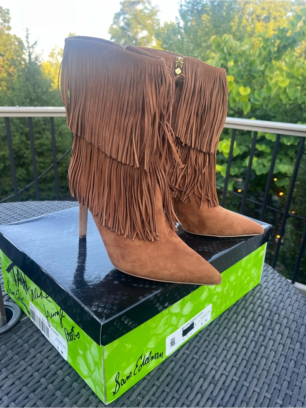 Sam Edelman. Belinda Saddle Suede. Fringe Pointed-Toe Stiletto Ankle Boots